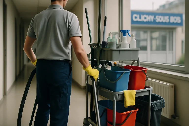 Un agent de nettoyage professionnel nettoyant un appartement à Clichy-sous-Bois avec des outils modernes.