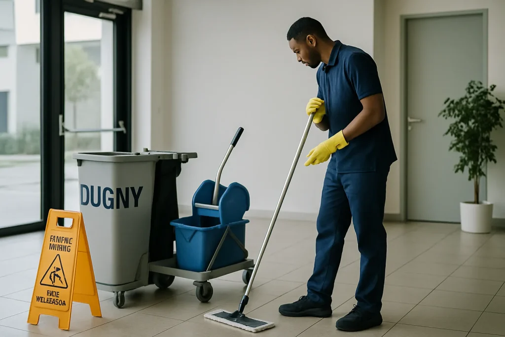 Équipe de nettoyage à Dugny travaillant dans un bureau moderne avec des équipements professionnels.