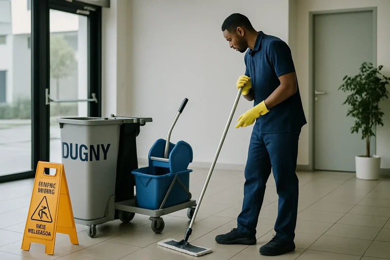 Équipe de nettoyage à Dugny travaillant dans un bureau moderne avec des équipements professionnels.