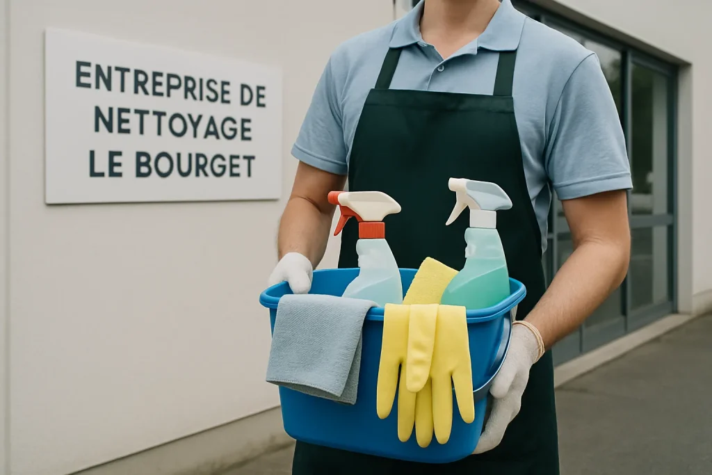 Un agent d'entretien nettoyant un bureau moderne à Le Bourget avec du matériel professionnel.