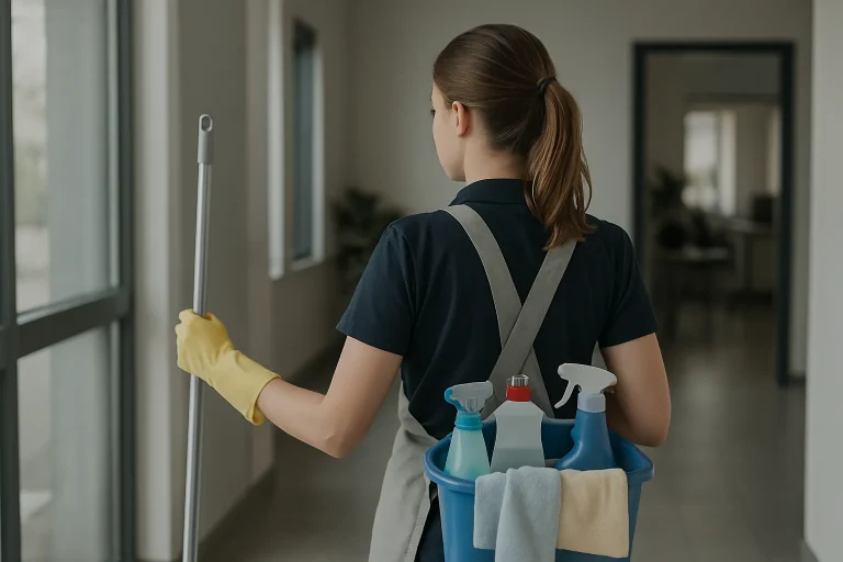 Un agent de nettoyage s'affairant dans un appartement à Saint-Denis avec des produits de nettoyage.