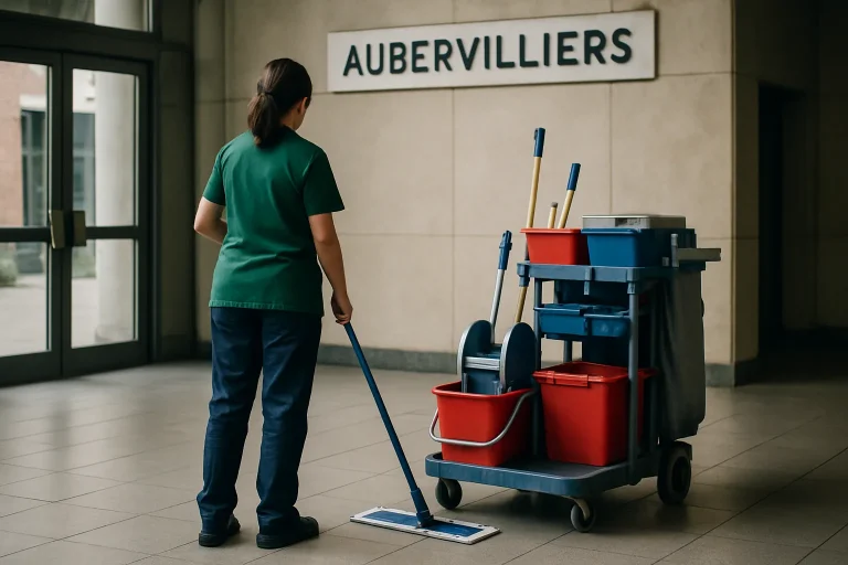 Équipe de nettoyage en action dans un appartement à Aubervilliers avec des équipements modernes.