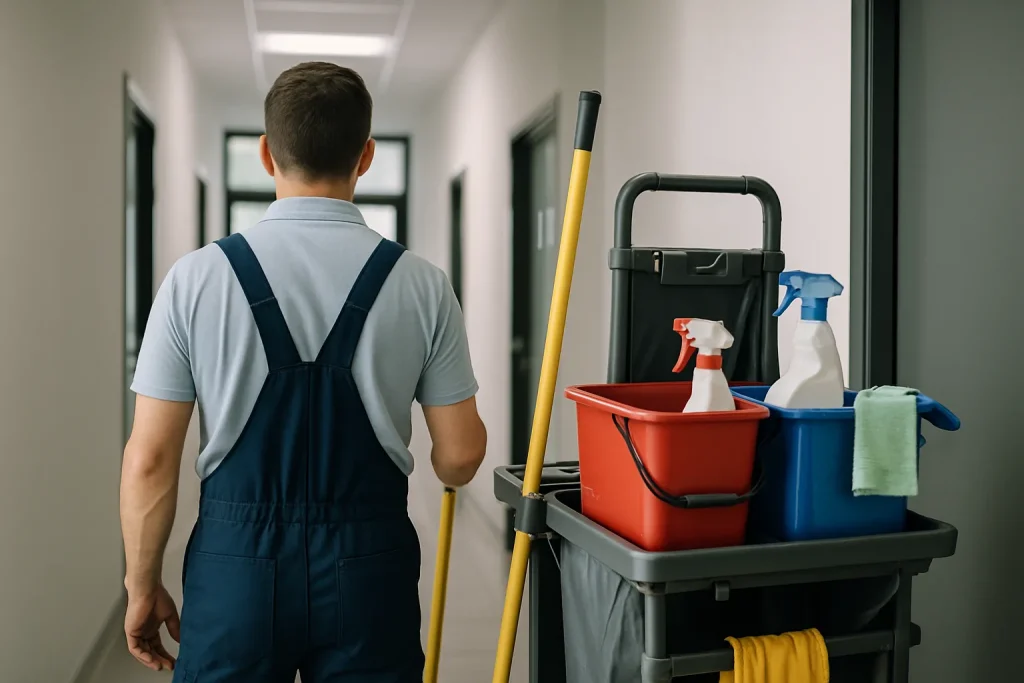Professionnel du nettoyage à Vaujours utilisant des équipements modernes dans un appartement.