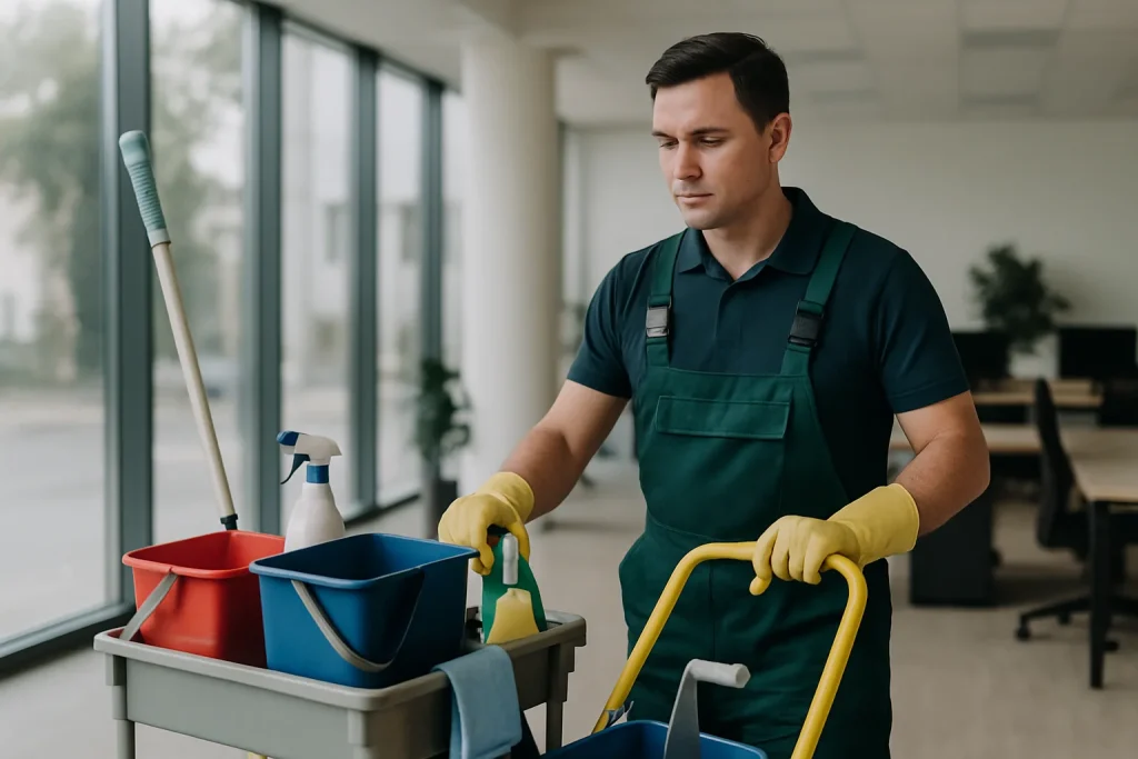 Un professionnel du nettoyage nettoie un appartement à Gagny avec des produits spécialisés.