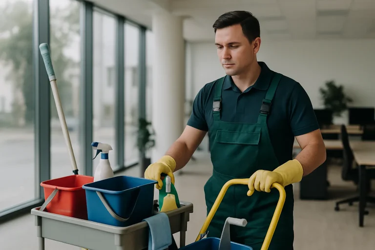 Un professionnel du nettoyage nettoie un appartement à Gagny avec des produits spécialisés.