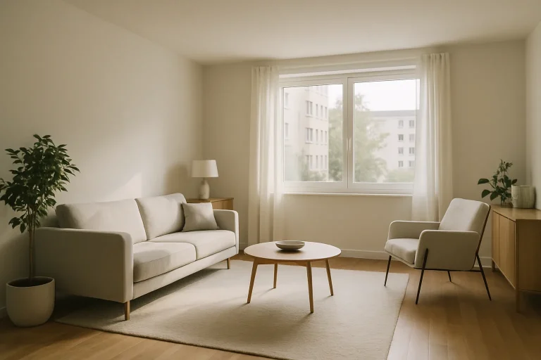 Salon à Noisy-le-Grand, récemment nettoyé, avec lumière douce et ameublement moderne.