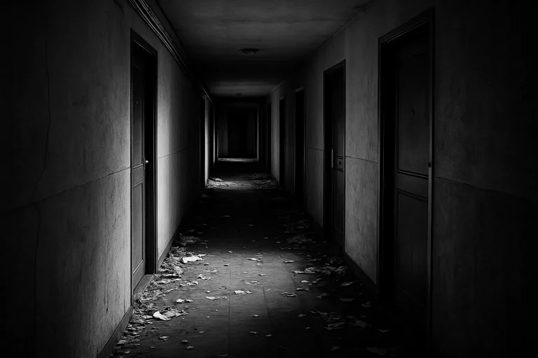 Couloir d'immeuble à Bobigny avec débris au sol, en noir et blanc