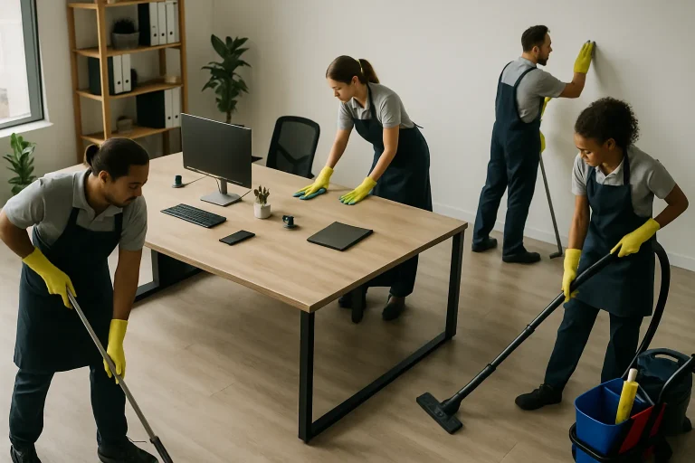 Équipe de nettoyage dans un bureau moderne en Seine-Saint-Denis, lumière neutre.