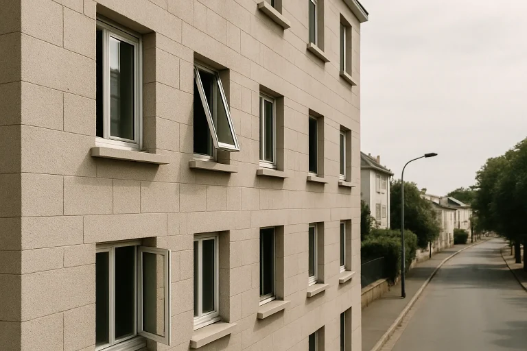 Façade d'un immeuble à Romainville avec fenêtres ouvertes sous la lumière du jour.