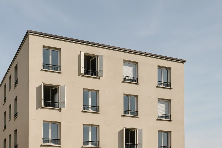 Façade d'un immeuble résidentiel à Saint-Denis sous ciel bleu, fenêtres ouvertes