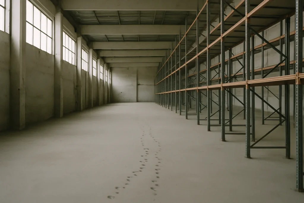 Entrepôt vide à Pantin avec traces de souris au sol et étagères vides, éclairage doux
