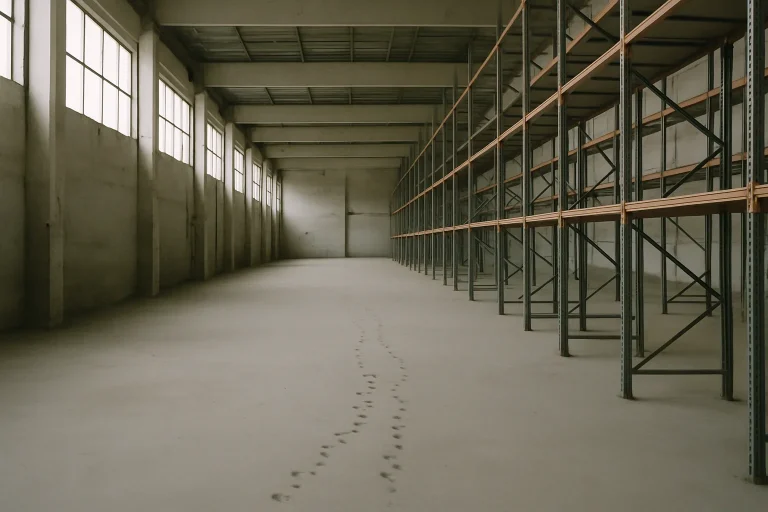 Entrepôt vide à Pantin avec traces de souris au sol et étagères vides, éclairage doux
