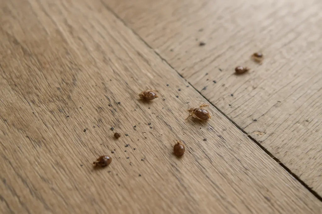 Gros plan sur un parquet montrant des traces de punaises de lit, éclairage doux