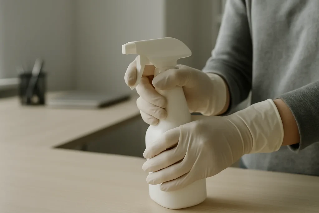 Des mains en gants utilisant un pulvérisateur pour désinfecter un studio contre les punaises de lit.