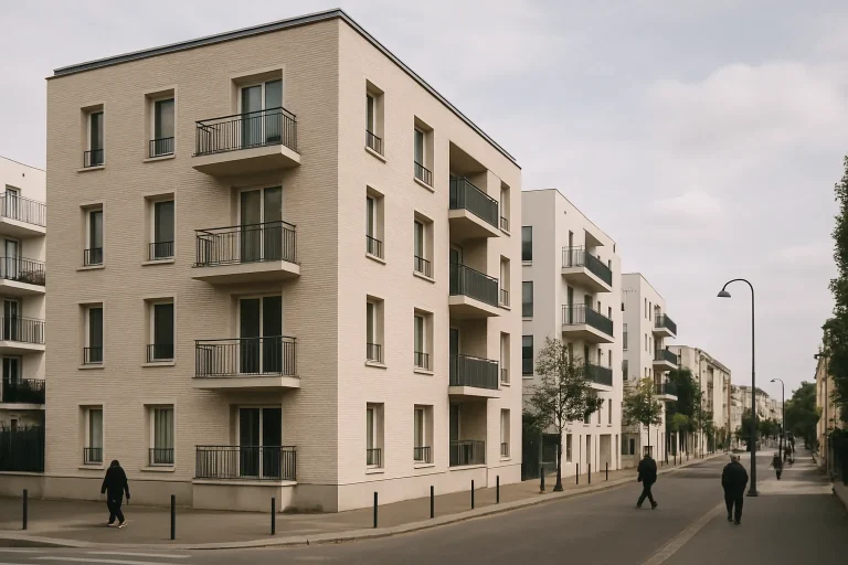 Façade d'immeuble à Sevran, rue calme, lumière du jour, ciel nuageux