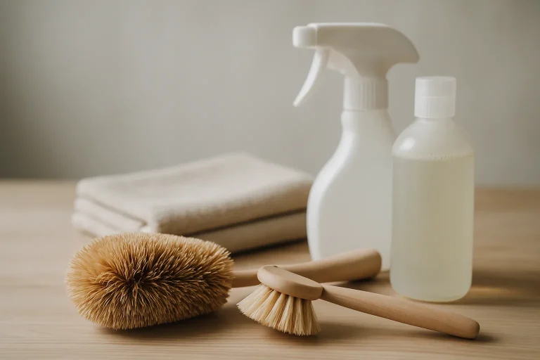 Des outils de désinfection, tels que des brosses et des flacons, posés sur une table.