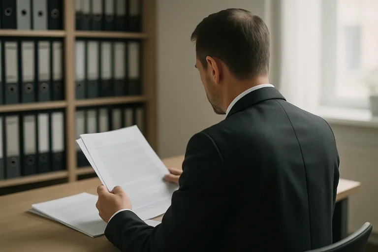 Notaire assis de dos dans un bureau, examinant des documents de succession.