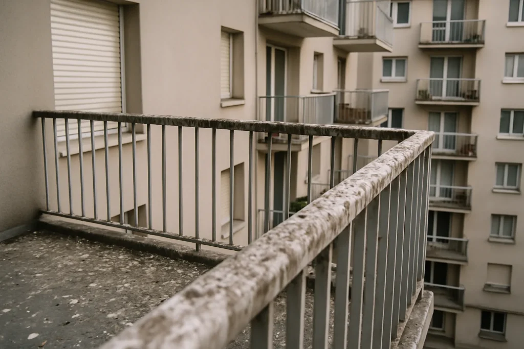Balcon collectif à Stains recouvert de fientes de pigeon, lumière du jour