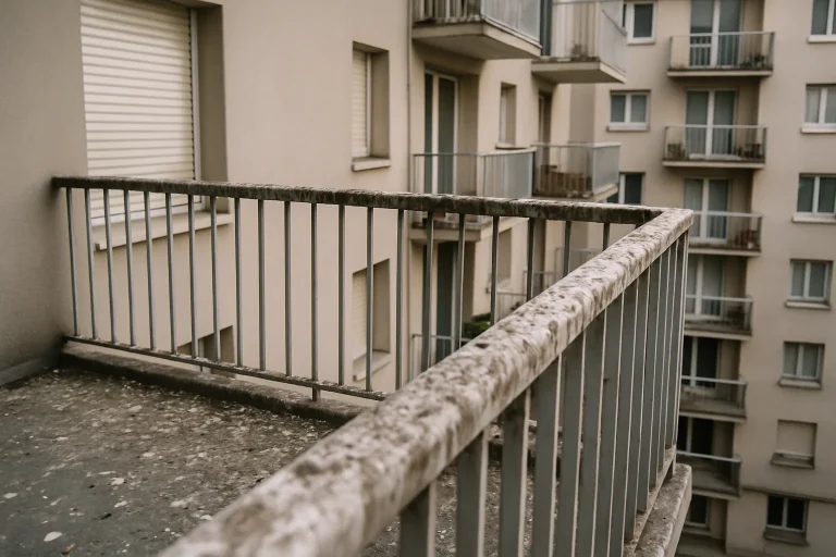 Balcon collectif à Stains recouvert de fientes de pigeon, lumière du jour