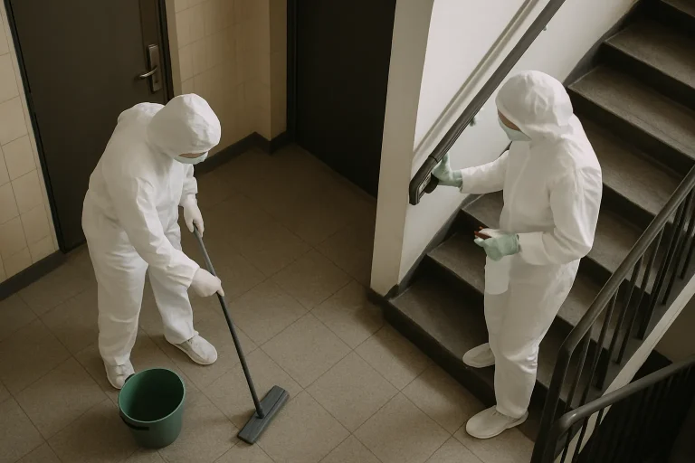 Deux personnes en combinaisons blanches nettoient un hall d'immeuble.