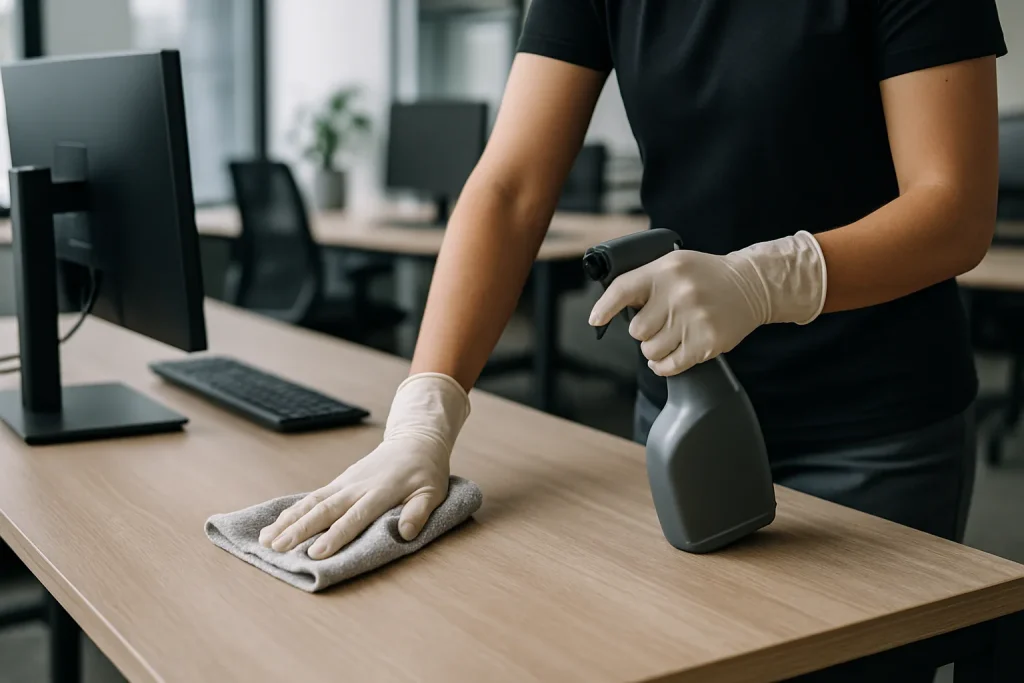 Technicien nettoyant un bureau moderne à Saint-Denis, outils en main, lumière neutre.
