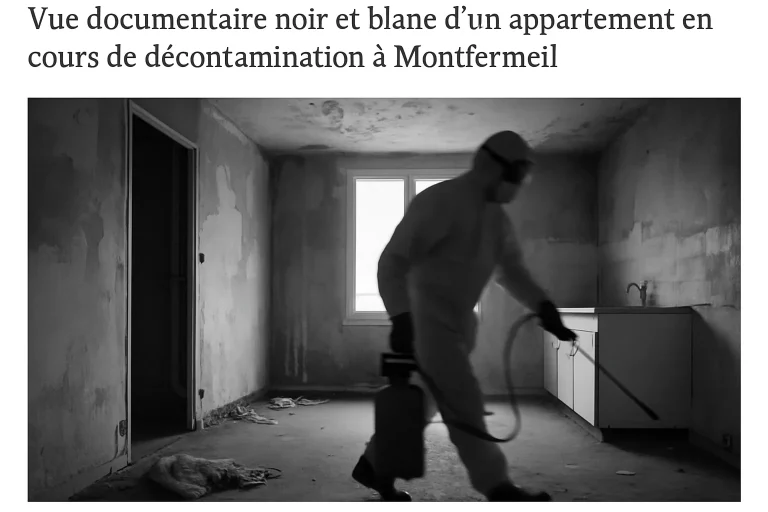Technicien flou décontaminant un appartement à Montfermeil en noir et blanc.