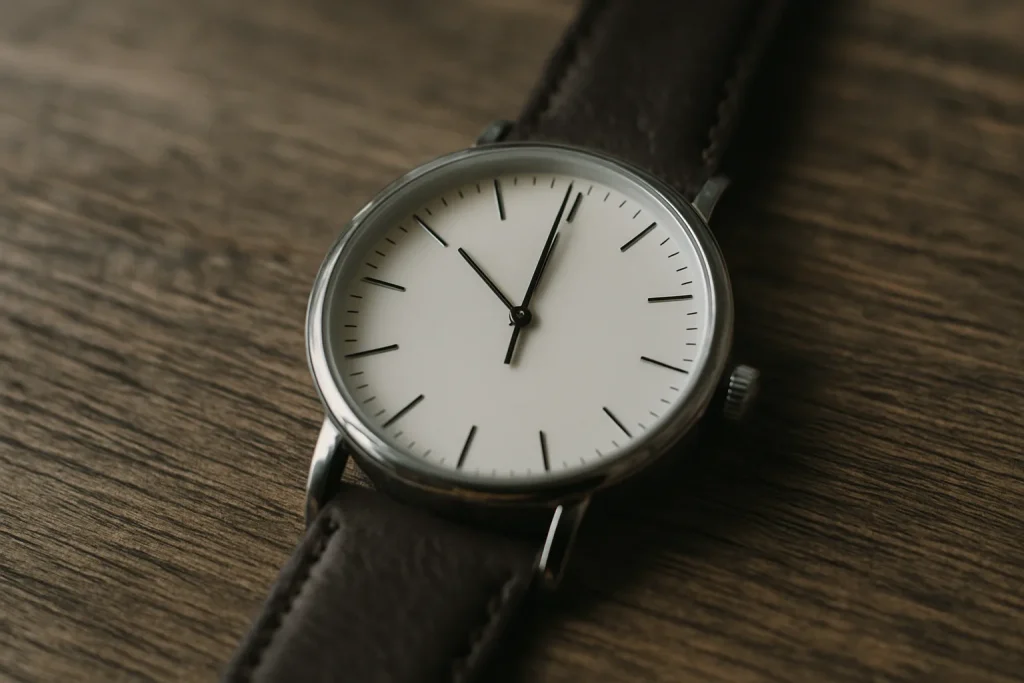 Montre-bracelet sur une table en bois, symbolisant la rapidité d'un débarras à Villepinte
