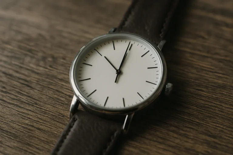 Montre-bracelet sur une table en bois, symbolisant la rapidité d'un débarras à Villepinte