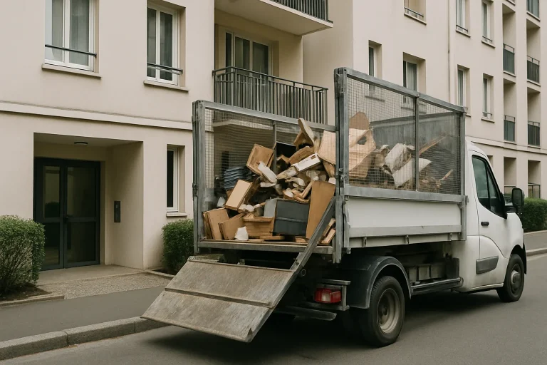 Camion de débarras stationné devant un immeuble à Rosny-sous-Bois, en pleine journée.