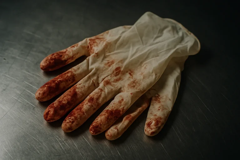 Gros plan sur des gants en latex ensanglantés sur une table en inox.