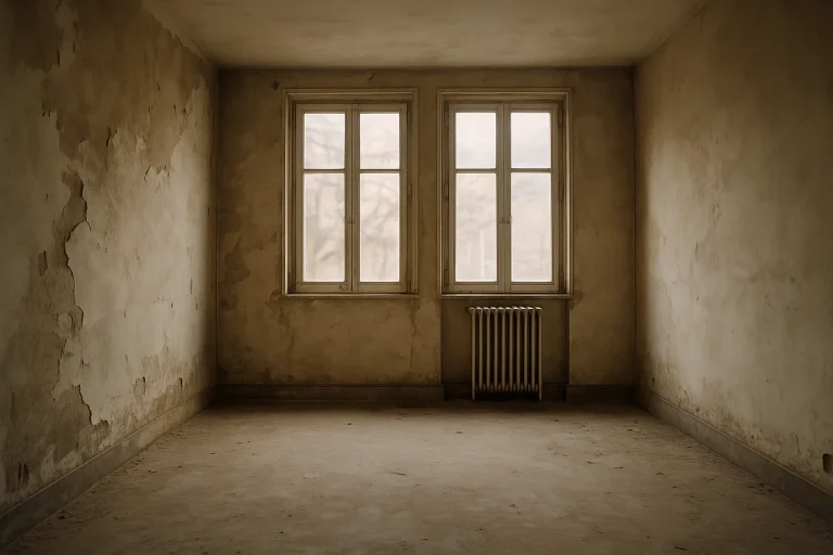 Appartement vide et insalubre à Noisy-le-Sec, avec murs abîmés et sol poussiéreux.