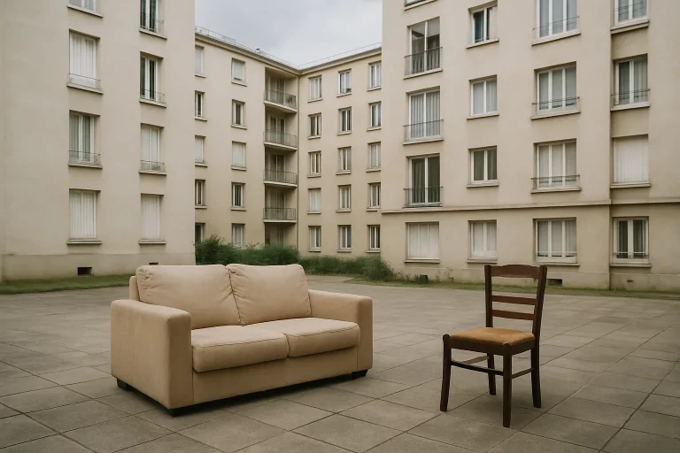 Cour intérieure à Drancy avec meubles abandonnés, façades d'immeubles visibles.