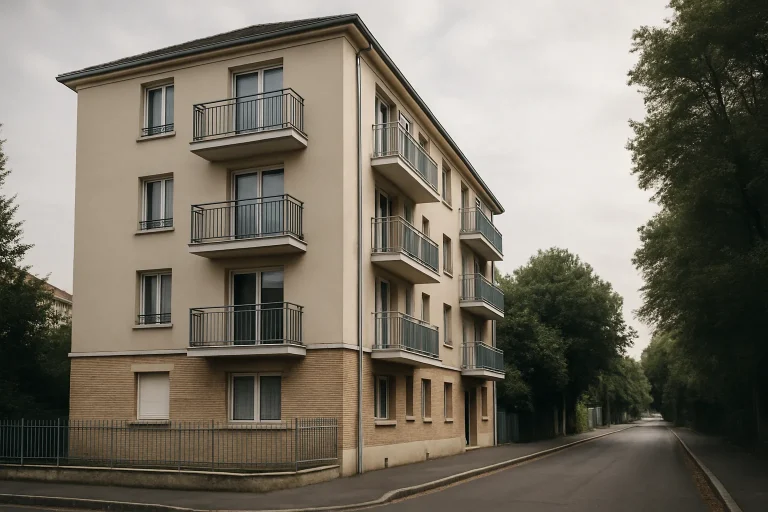 Immeuble à Pierrefitte-sur-Seine vue de la rue, accès étroit, arbres en arrière-plan