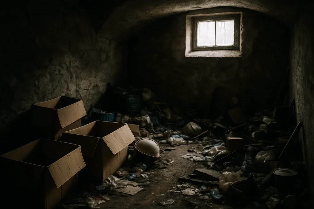 Cave sombre à Noisy-le-Sec remplie de déchets, lumière naturelle entrant par une fenêtre