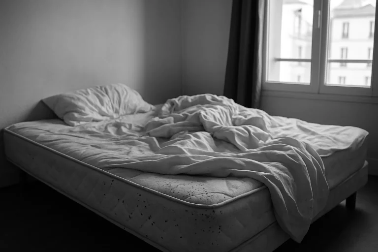 Chambre à Saint-Denis avec matelas infesté de punaises de lit, lumière du jour.