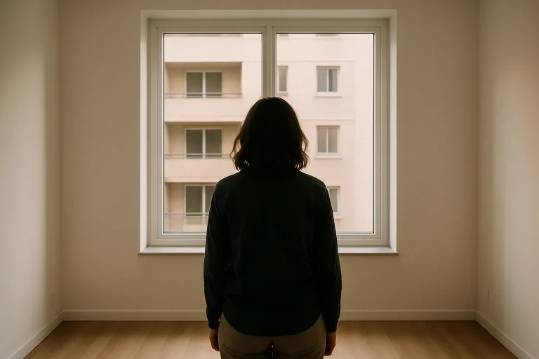 Silhouette de dos observant un appartement vide à Bobigny, lumière douce