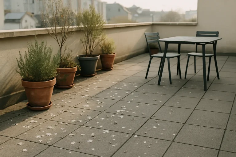Terrasse à Aubervilliers avec fientes de pigeon visibles, plantes en pot et table de jardin
