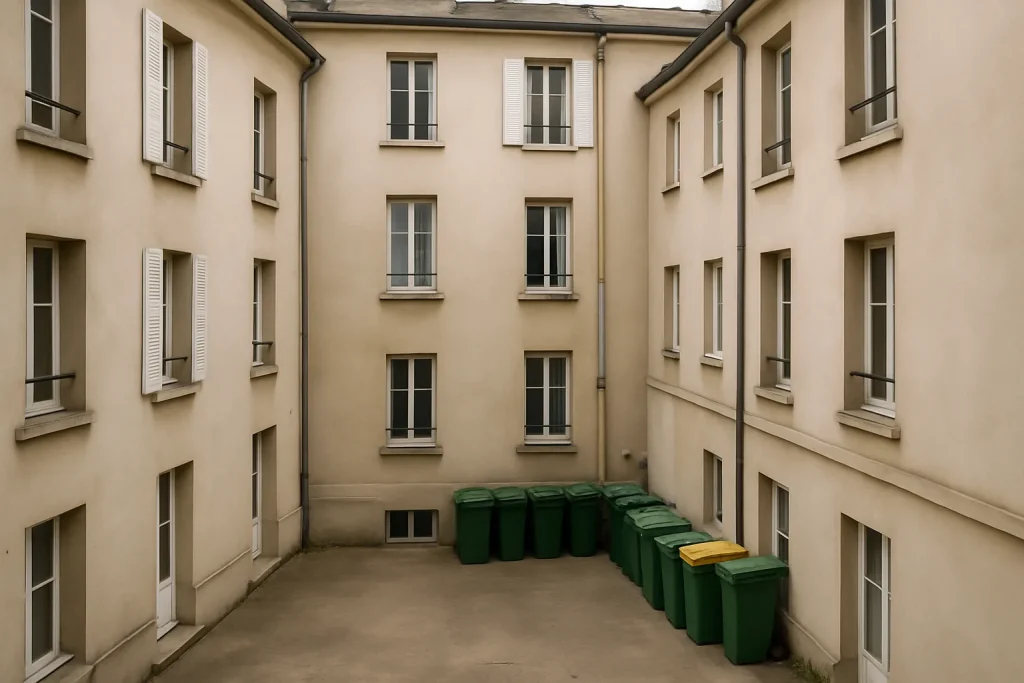 Cour intérieure d'immeuble à Les Lilas avec containers de déchets en attente.