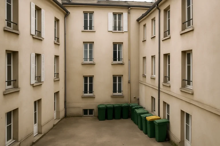 Cour intérieure d'immeuble à Les Lilas avec containers de déchets en attente.