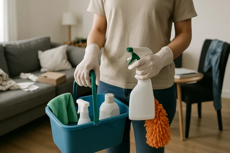 Mains en gants utilisant des outils de nettoyage dans un appartement encombré.