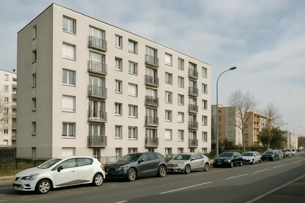Vue d'une rue à Bobigny avec immeuble résidentiel et véhicules garés