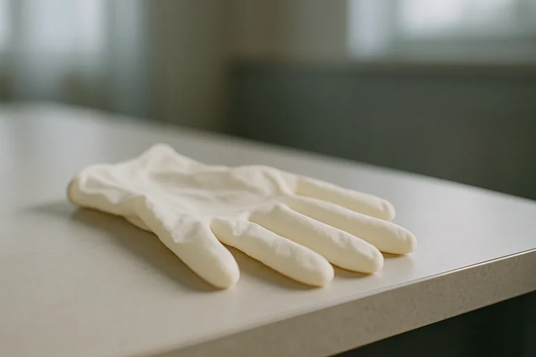 Gros plan sur des gants en latex sur un plan de travail, éclairage doux
