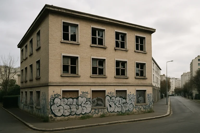Façade d'un bâtiment à Aubervilliers, tags visibles et fenêtres endommagées