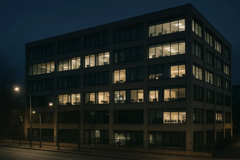 Immeuble de bureaux à Pantin la nuit avec quelques lumières allumées, ambiance paisible