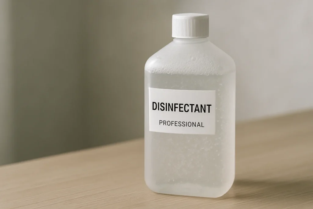 Bouteille de désinfectant professionnel sur une table, lumière naturelle.