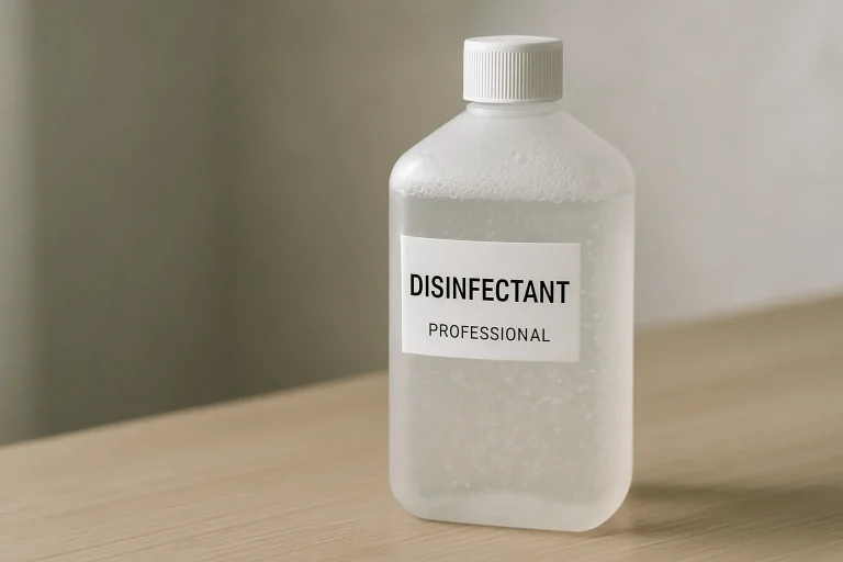 Bouteille de désinfectant professionnel sur une table, lumière naturelle.