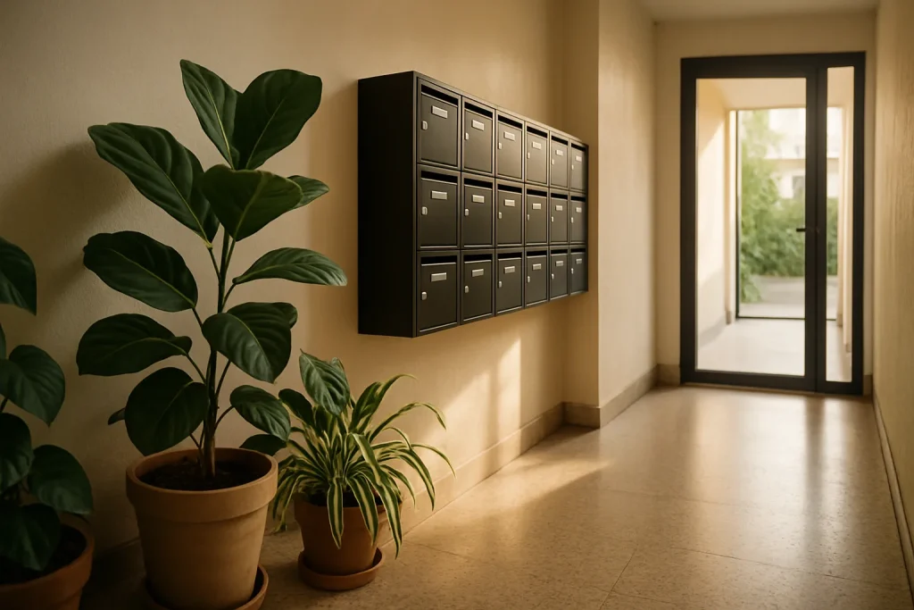 Entrée d'immeuble à Montreuil avec plantes et boîtes aux lettres, lumière douce