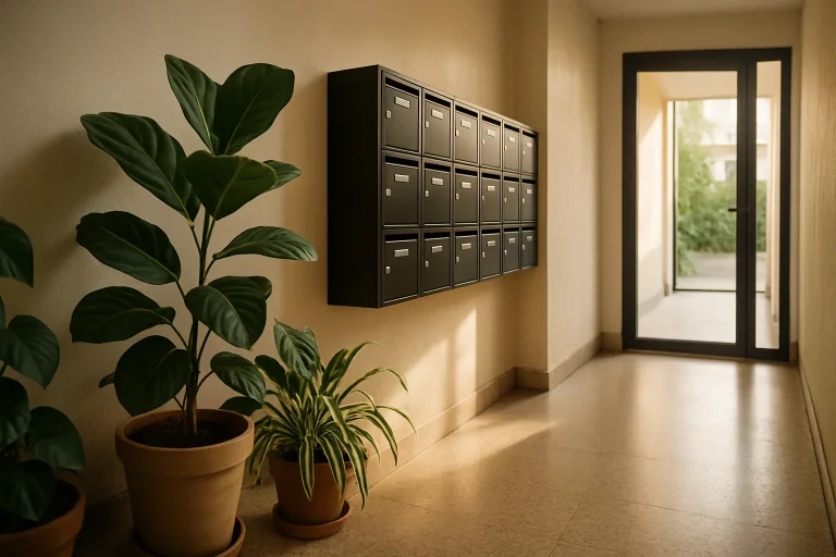 Entrée d'immeuble à Montreuil avec plantes et boîtes aux lettres, lumière douce