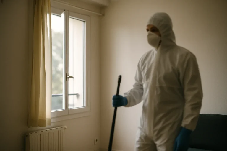Silhouette floue d'un technicien en combinaison de protection dans un appartement à Bondy