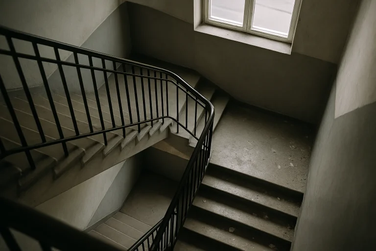 Cage d'escalier avec traces de saleté au sol, vue de haut vers le bas